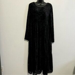 Velvet Burnout Black 80s 90s Drop waist Oversized Long Sleeve Long Maxi Dress M